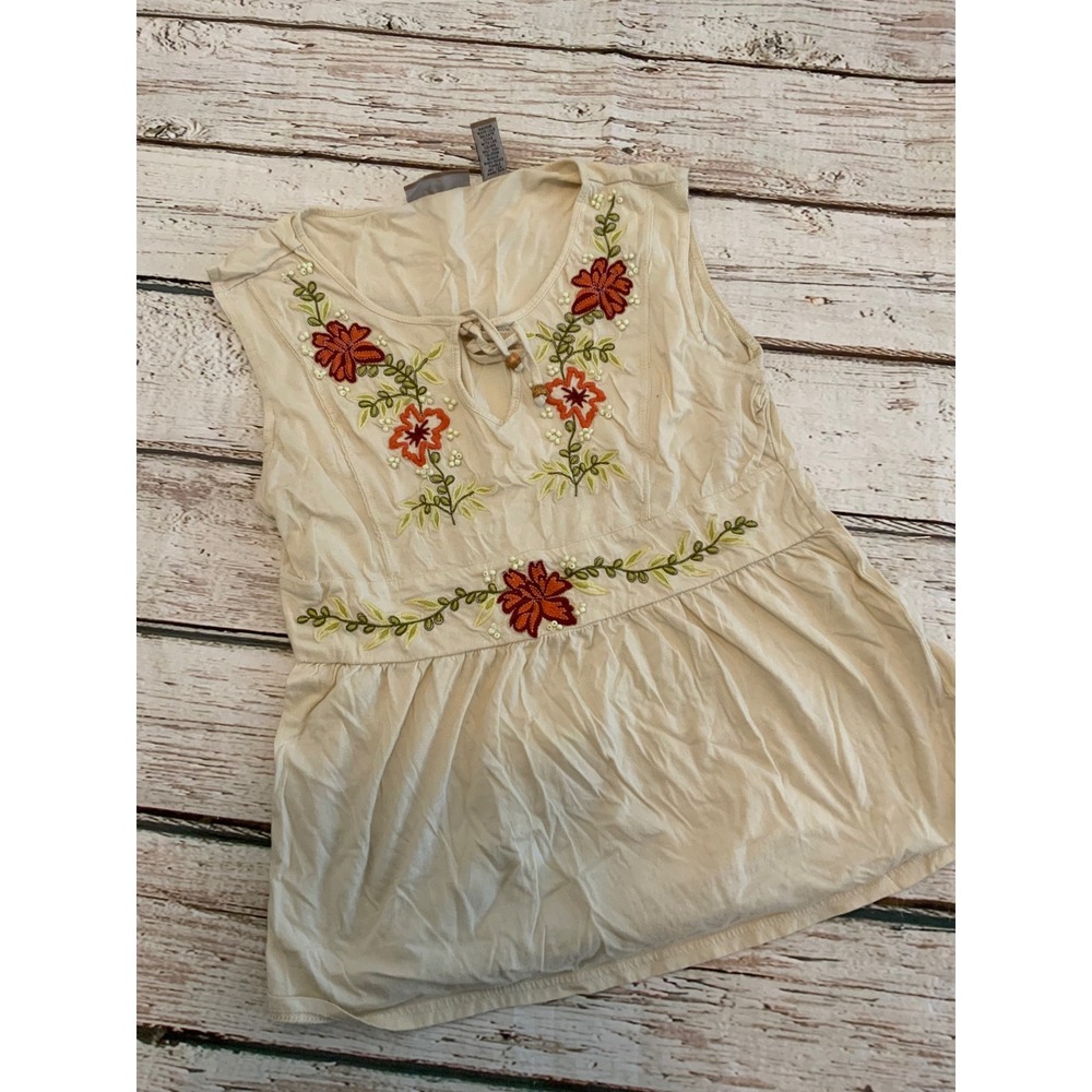 I.E. Relaxed Womens Medium Cream Floral Embroidered Beaded Boho Y2K Cotton Top